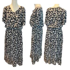 Coldwater Creek Daisy Print Midi Dress Black Floral Pockets NWOT Small